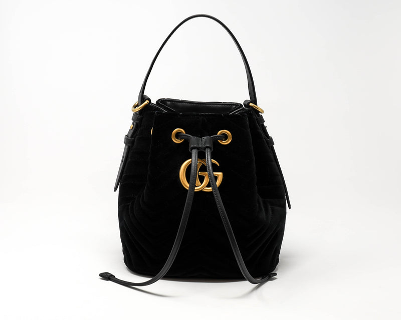 Excellent Pre-Loved Black Velvet Bucket Bag with Adjustable Top Handle and Removable Shoulder Chain. (front)