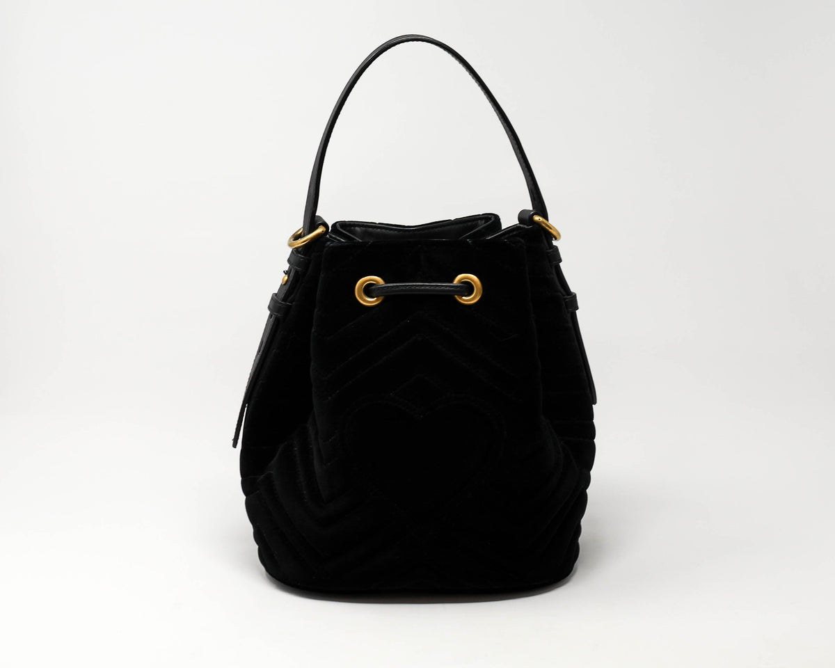 Excellent Pre-Loved Black Velvet Bucket Bag with Adjustable Top Handle and Removable Shoulder Chain.  (back)