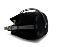 Excellent Pre-Loved Black Velvet Bucket Bag with Adjustable Top Handle and Removable Shoulder Chain.  (side)