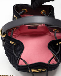 Excellent Pre-Loved Black Velvet Bucket Bag with Adjustable Top Handle and Removable Shoulder Chain.  (interior)