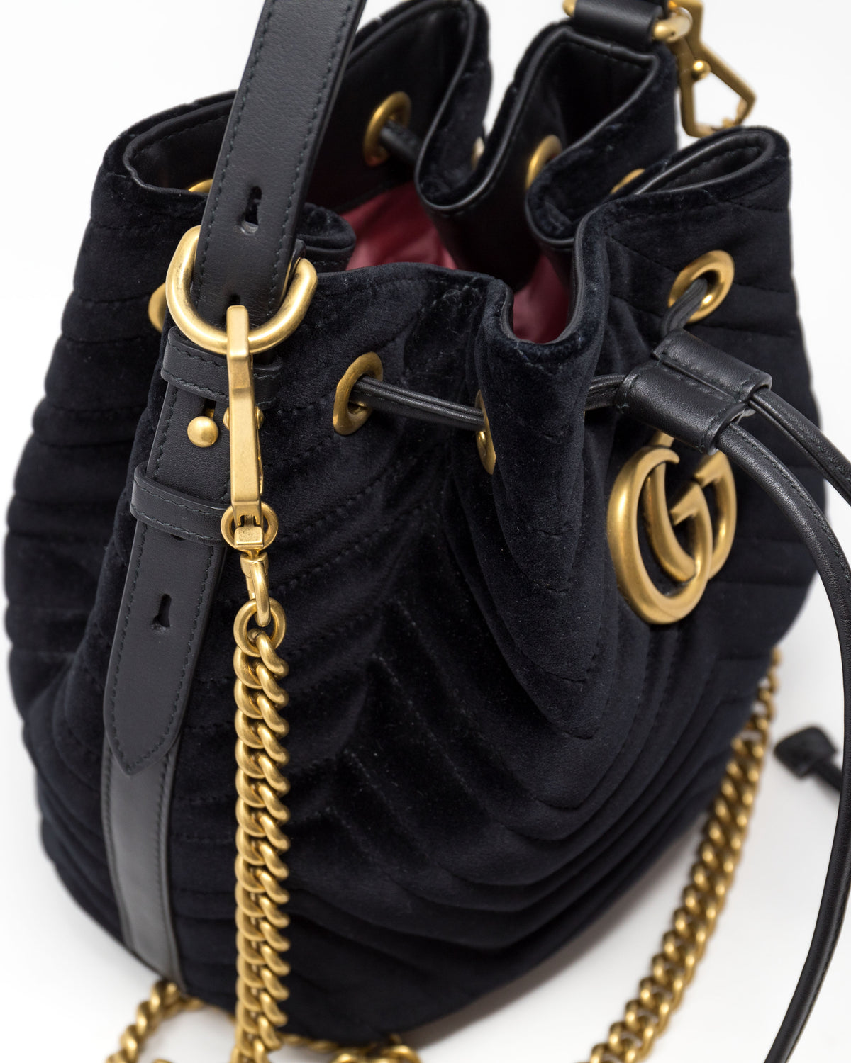 Excellent Pre-Loved Black Velvet Bucket Bag with Adjustable Top Handle and Removable Shoulder Chain.  (details)