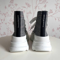 Black and White Woven Fabric High Top Chunky Sneakers with White Laces. (back)