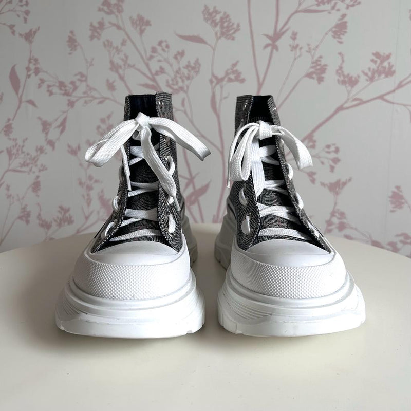 Black and White Woven Fabric High Top Chunky Sneakers with White Laces. (front)