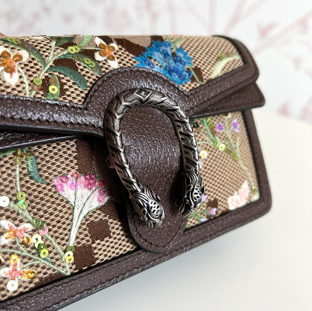 Pre-Loved XL Monogram Uncoated Canvas Mini Crossbody Chain Bag with Aged Silver Hardware, Sequin and Floral Embroidery. (Close up)