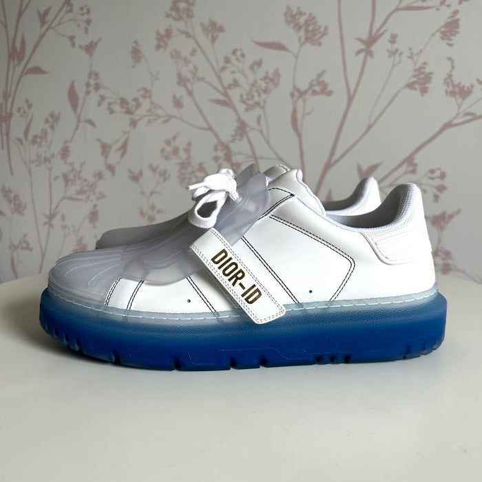 White and Blue Sneakers with Velcro Strap.  (side)