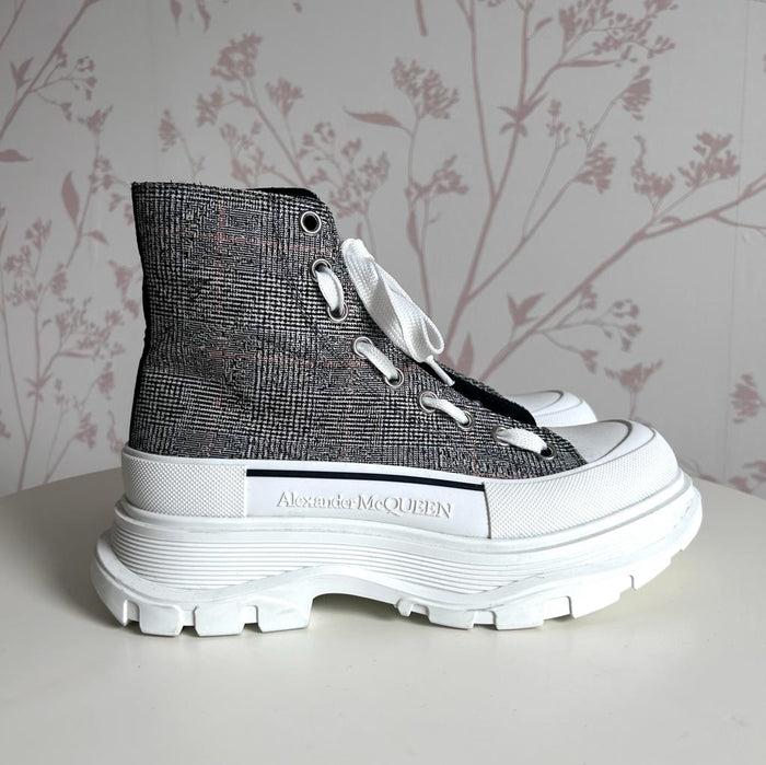 Black and White Woven Fabric High Top Chunky Sneakers with White Laces. (side)