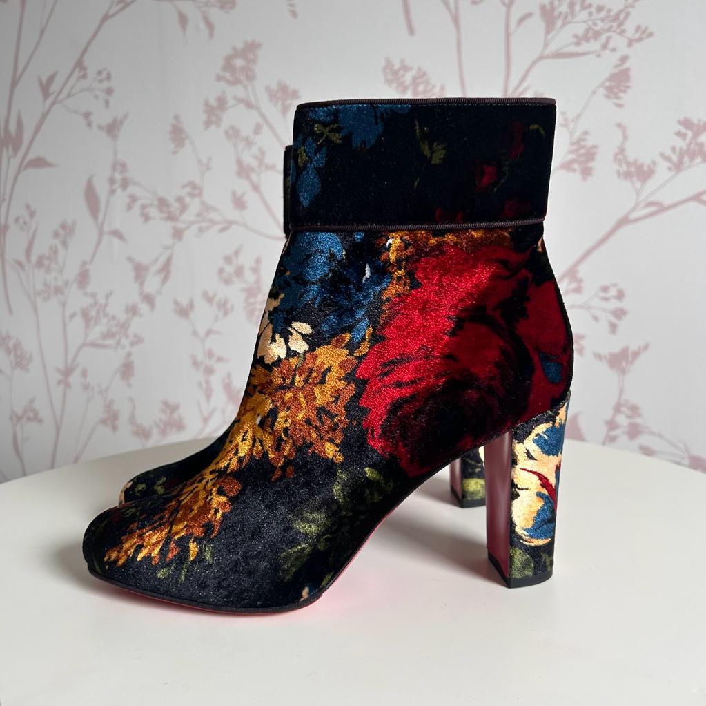 Christian Louboutin Velvet Floral Print Ankle Boots Size 39.5