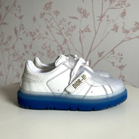 White and Blue Sneakers with Velcro Strap. (side)