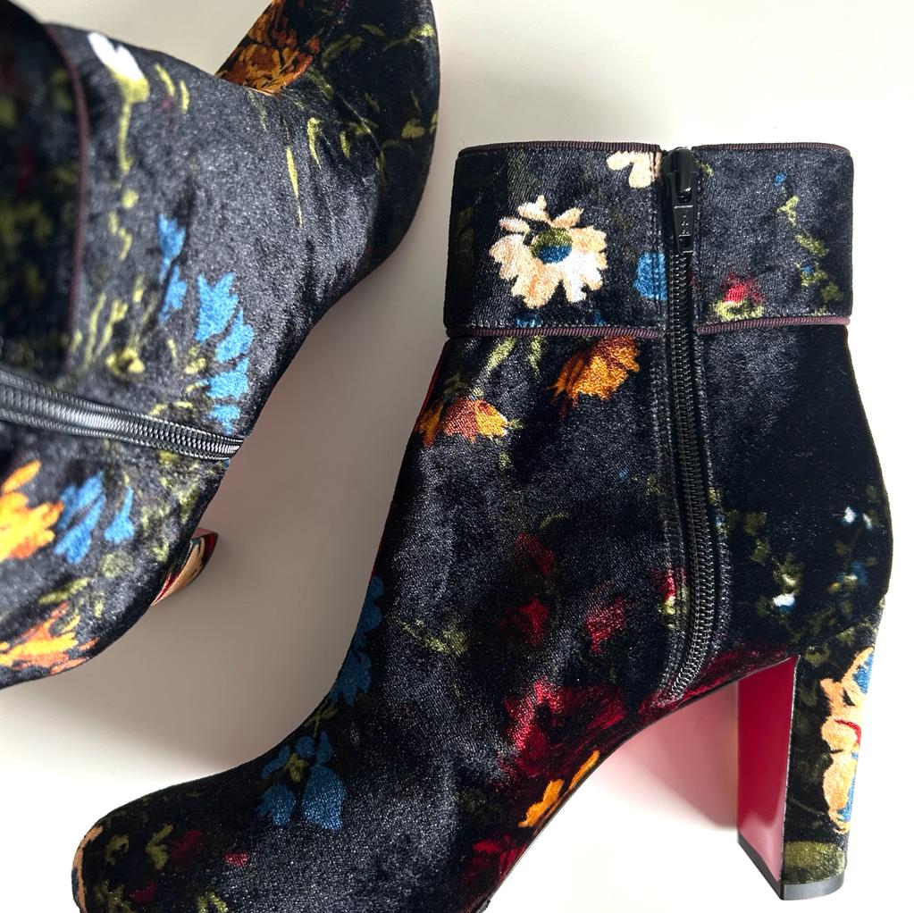 Christian Louboutin Velvet Floral Print Ankle Boots Size 39.5