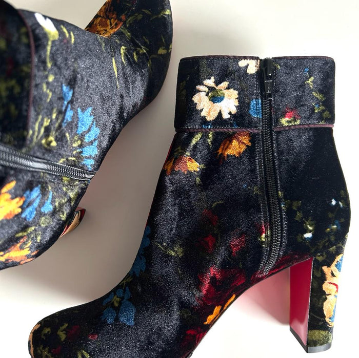 Velvet Floral Print Ankle Boots (flat lay)