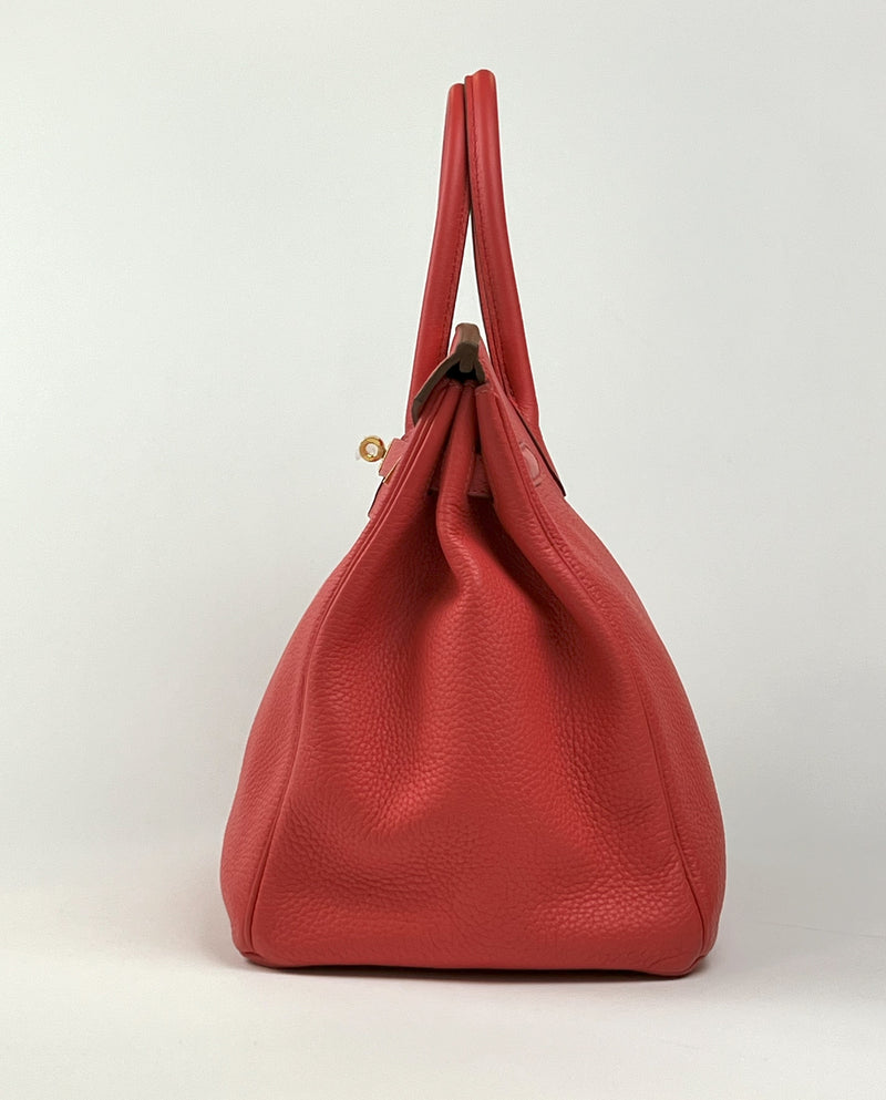 Excellent Pre-Loved Bright Rosy Red Grained Leather Top Handle Bag (side)