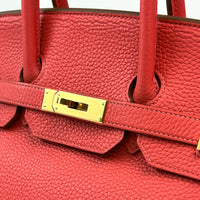 Excellent Pre-Loved Bright Rosy Red Grained Leather Top Handle Bag(close up)