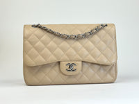 Excellent Pre-Loved Beige Quilted Pebbled Leather Large Double Flap Chain Bag (front)