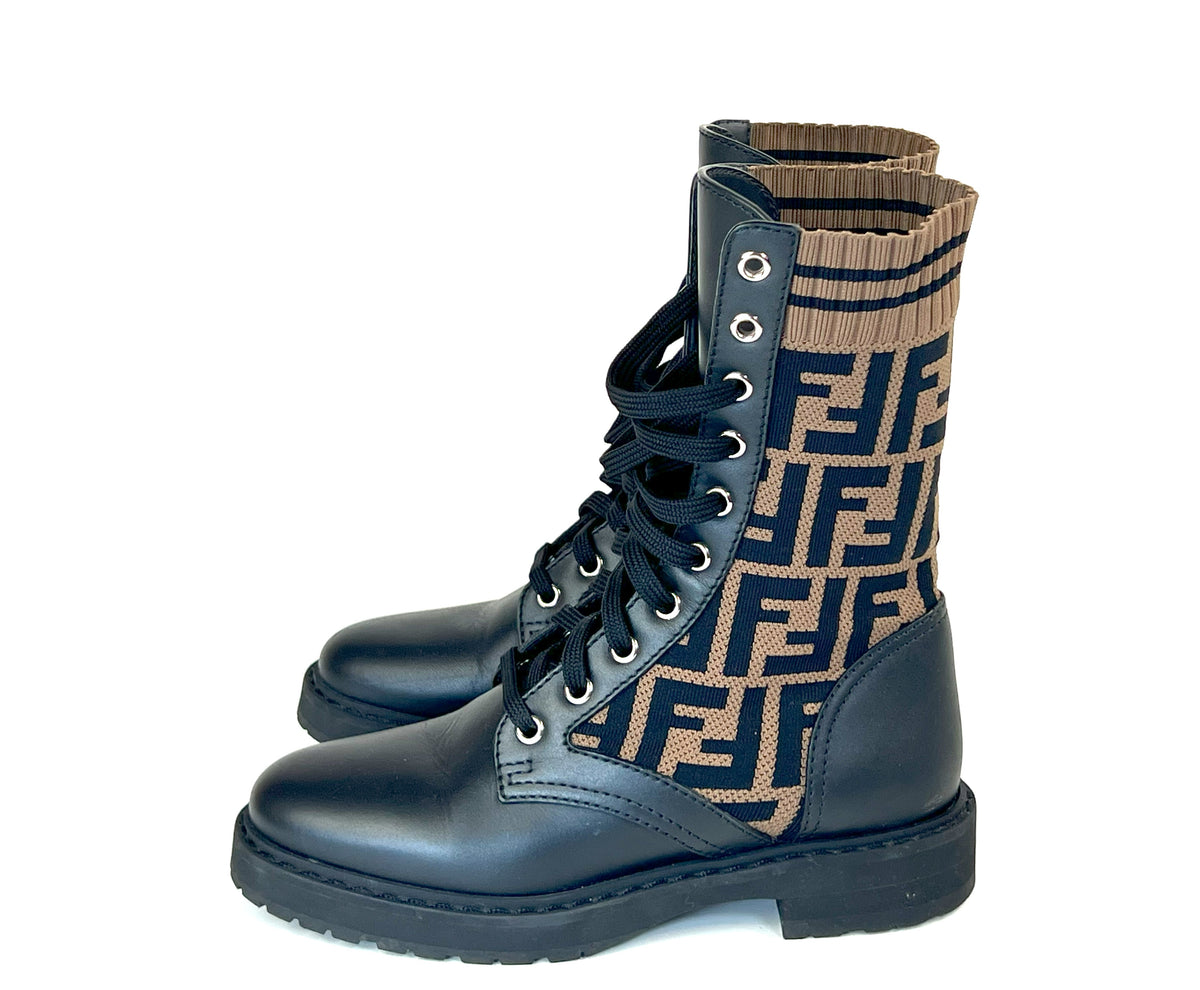 Pre-Loved Brown and Black Monogram Stretch Knit and Black Leather Lace Up Combat Boots.(side)