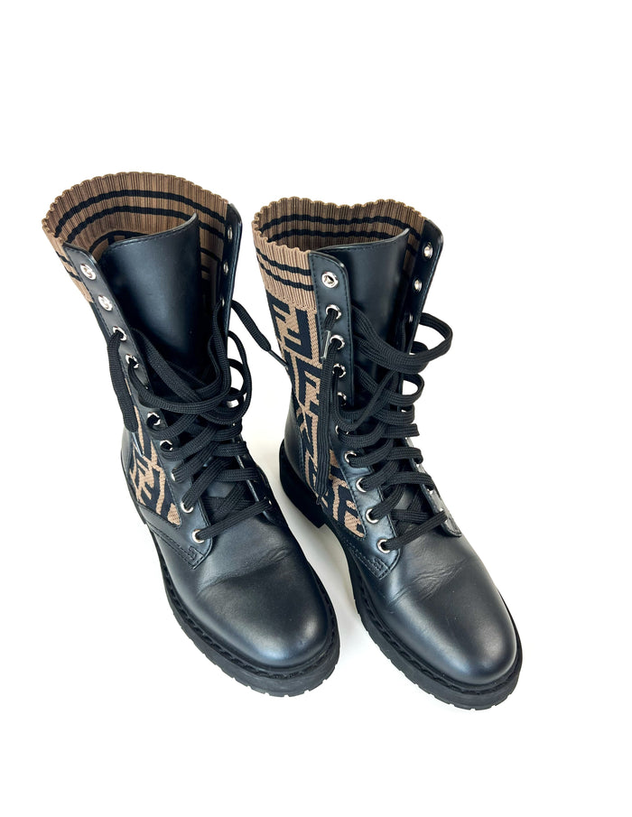 Pre-Loved Brown and Black Monogram Stretch Knit and Black Leather Lace Up Combat Boots.(Front)