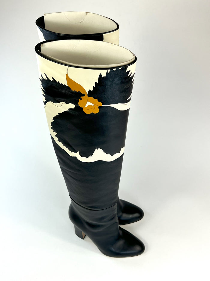 Valentino Black Leather Floral Printed Tall Boots Size 36