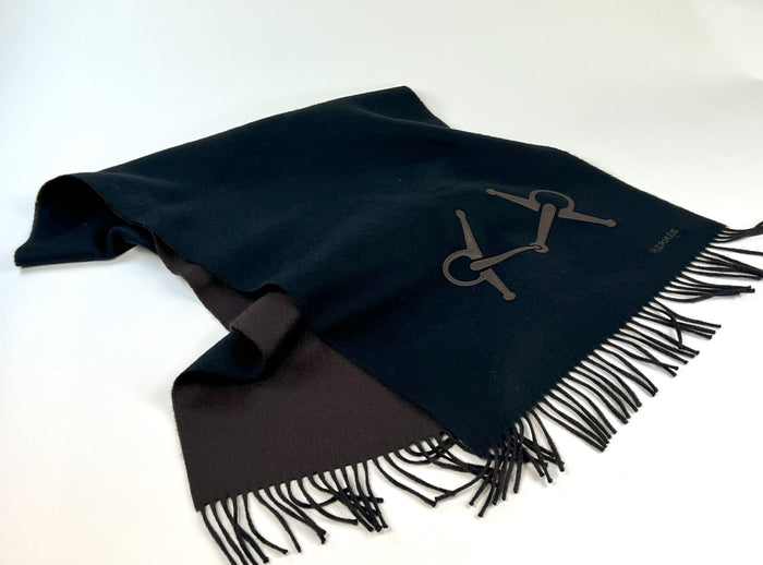 Excellent Pre-Loved Black and Brown Double Sided 100% Cashmere Fringe End Scarf with Brown Leather Horsebit Motif(flat lay)