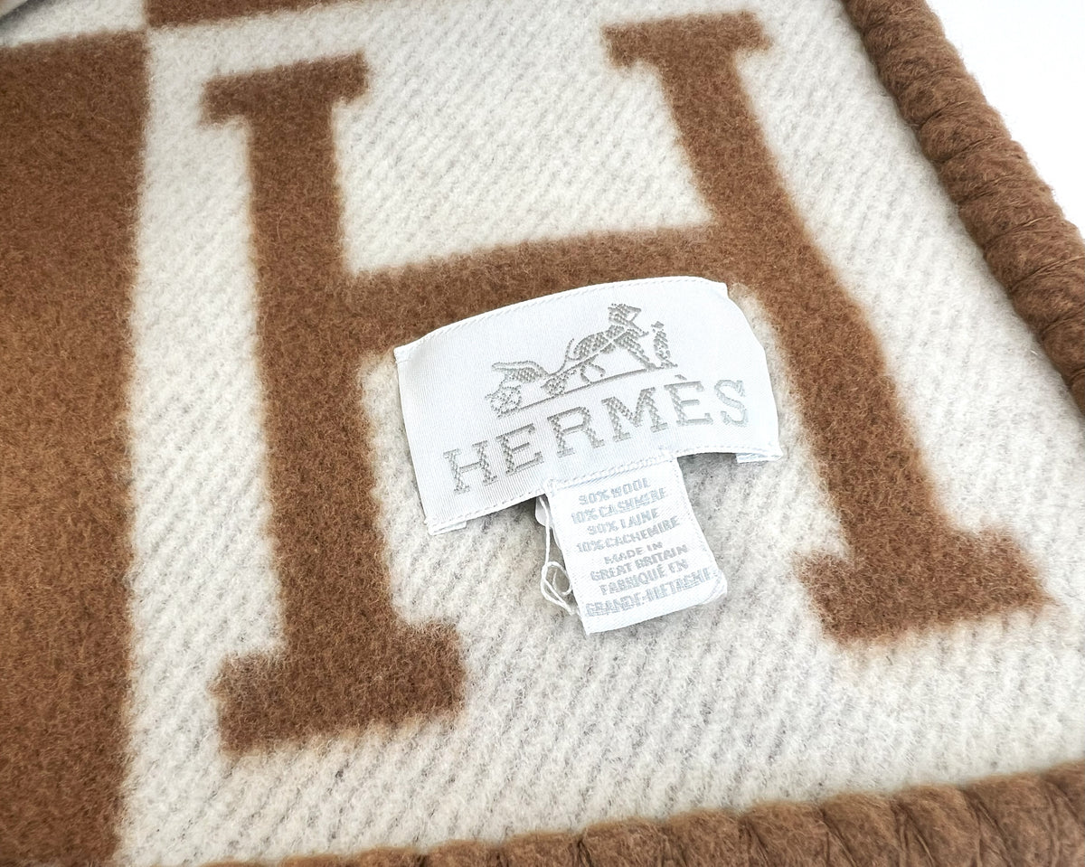 Excellent Pre-Loved Camel and Ecru Colored Throw Blanket(tag)