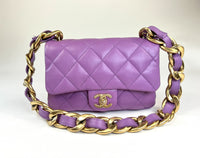 Excellent Pre-Loved Purple Lambskin Leather Flap Bag with Tonal Leather Interlaced Chunky Chain.(front)