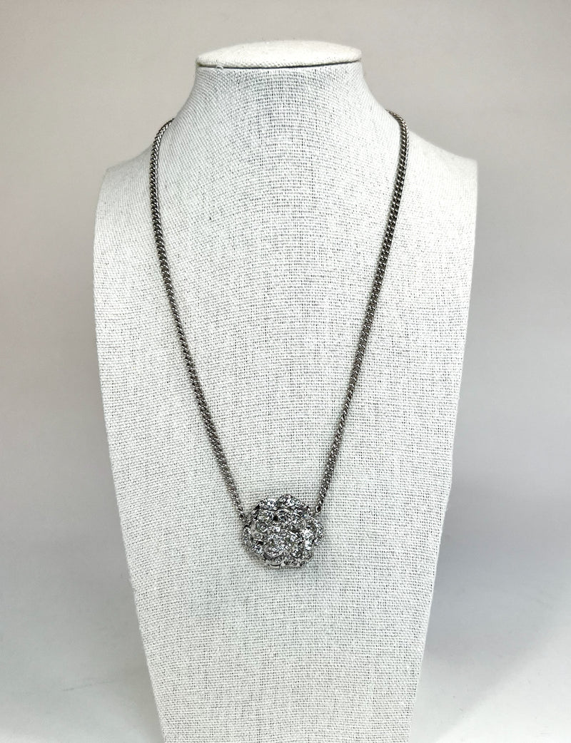 Excellent Pre-Loved Silver Tone Crystal Embellished 3-Tier Camellia Pendant Necklace. (front)
