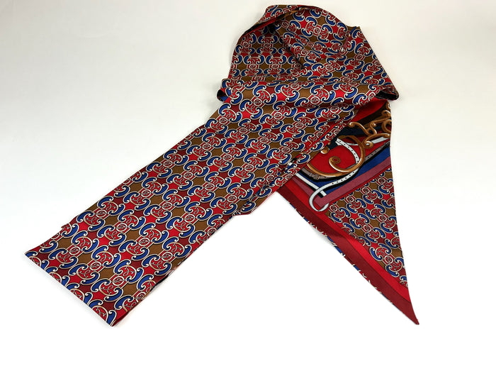 Excellent Pre-Loved Red and Blue Patterned Silk Long Scarf. (front)