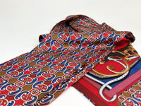 Excellent Pre-Loved Red and Blue Patterned Silk Long Scarf. (close up)