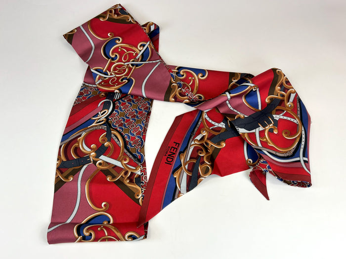 Excellent Pre-Loved Red and Blue Patterned Silk Long Scarf. (front)