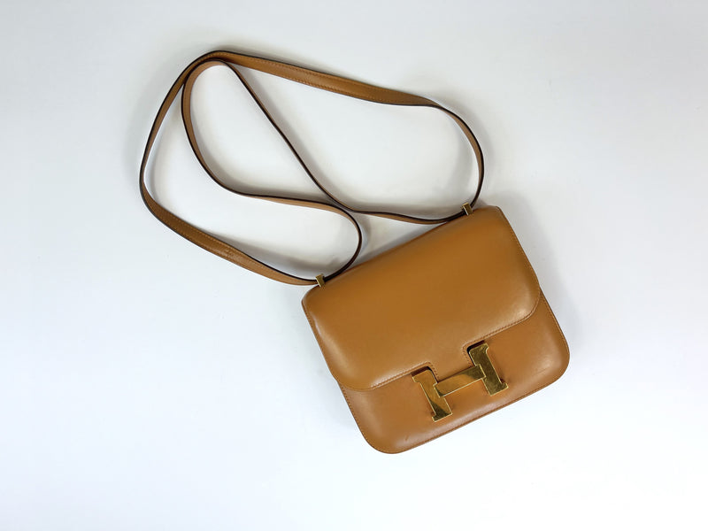 Pre-Loved Caramel Color Smooth Leather Flap Box Shaped Crossbody Bag. (top)
