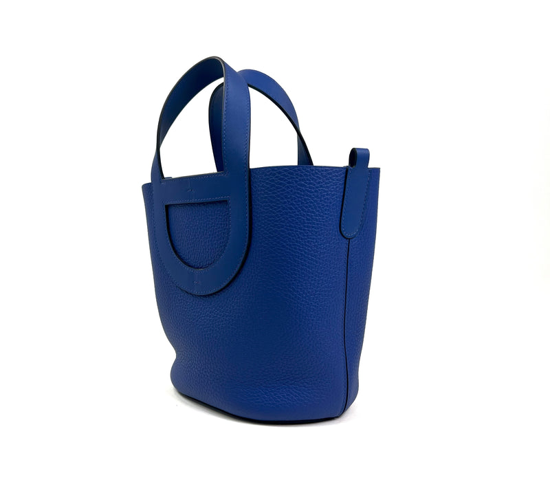 Excellent Pre-Loved Electric Blue Grained Leather Soft Open Tote Bag. (side)