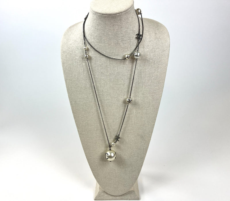 Excellent Pre-Loved Blue Crystal Embellished Logo Faux Pearl Chain Long Necklace.(upright)