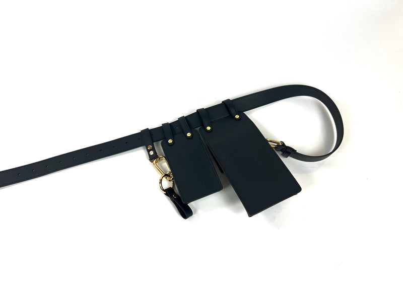 Excellent Pre-Loved Black Smooth Leather Dual Pouch Belt Bag.  (back)