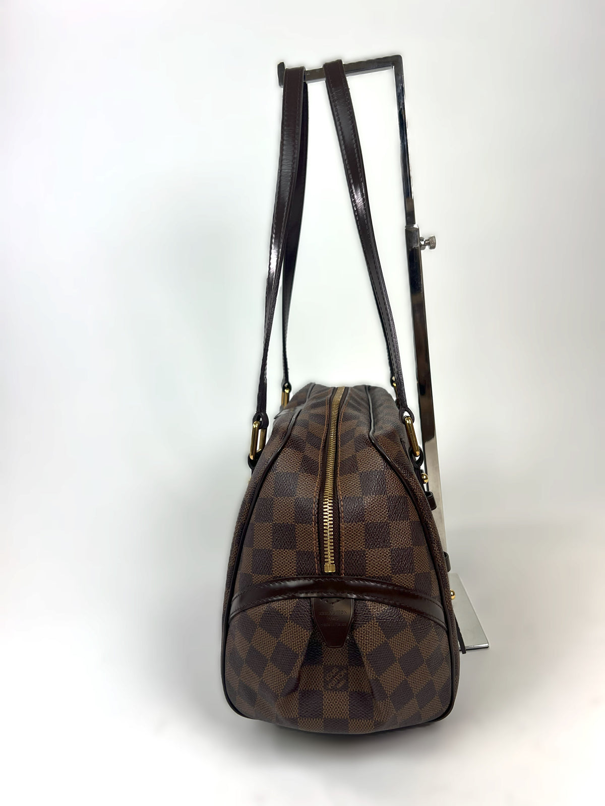 Pre-Loved Brown Checker Pattern Coated Cotton Canvas Shoulder Bag.(side)