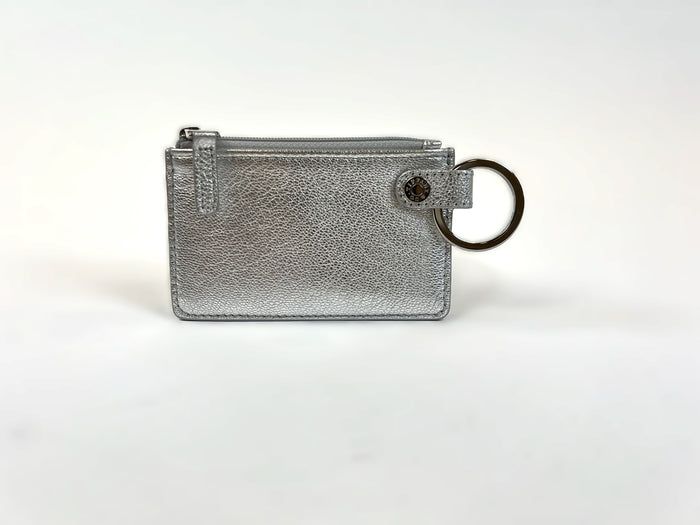 Excellent Pre-Loved Silver Metallic Leather Coin Pouch.(upright)