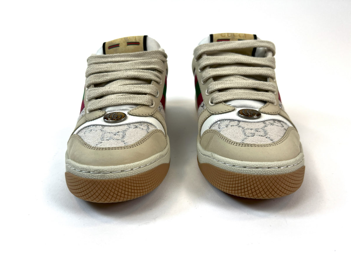 Excellent Pre-Loved Beige Suede and Silver Monogram Print Lace Up Sneakers with Green/Red Web Details. (front)