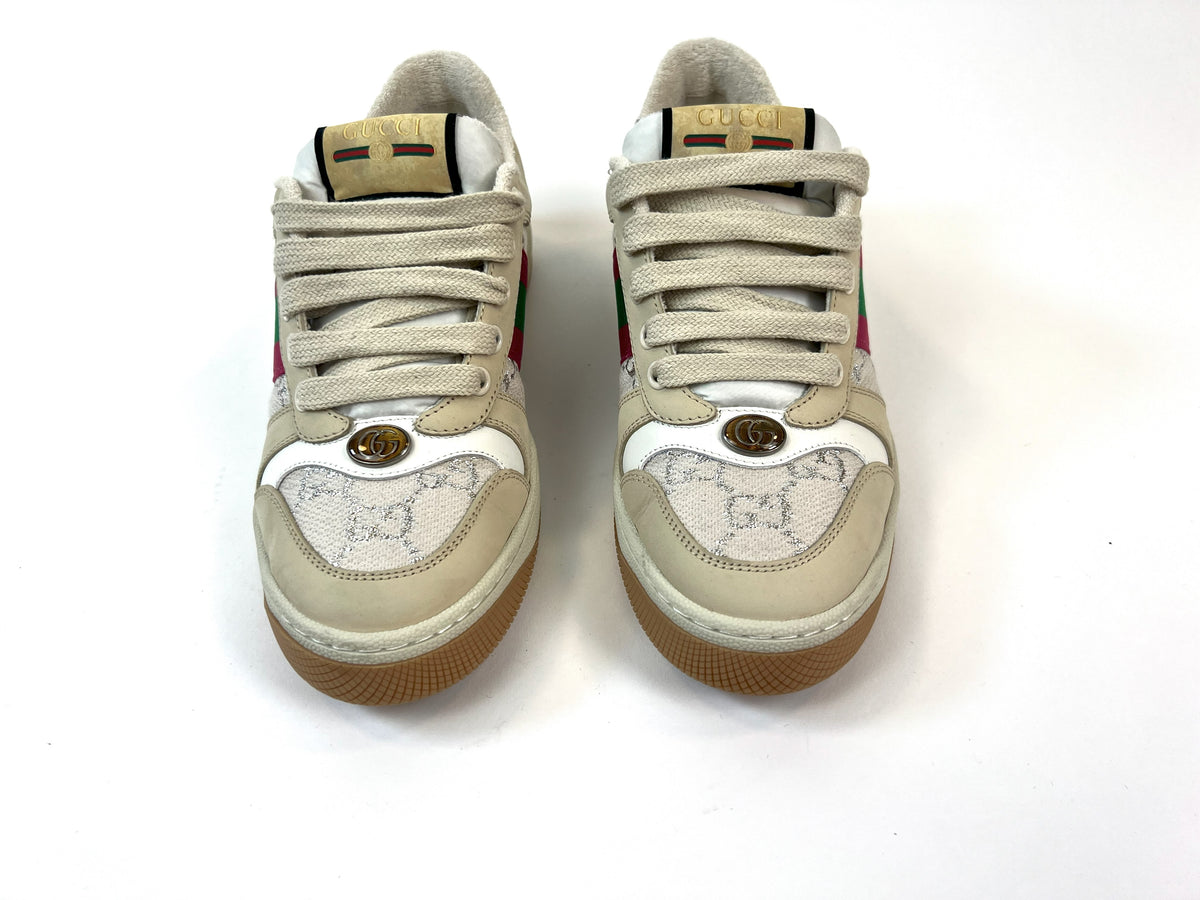 Excellent Pre-Loved Beige Suede and Silver Monogram Print Lace Up Sneakers with Green/Red Web Details.(front)