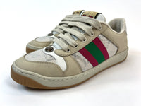 Excellent Pre-Loved Beige Suede and Silver Monogram Print Lace Up Sneakers with Green/Red Web Details.(side close up)