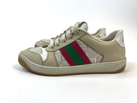 Excellent Pre-Loved Beige Suede and Silver Monogram Print Lace Up Sneakers with Green/Red Web Details.(side)