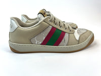 Excellent Pre-Loved Beige Suede and Silver Monogram Print Lace Up Sneakers with Green/Red Web Details.( side)