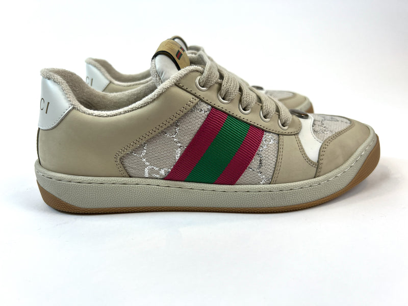 Excellent Pre-Loved Beige Suede and Silver Monogram Print Lace Up Sneakers with Green/Red Web Details.( side)