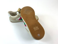 Excellent Pre-Loved Beige Suede and Silver Monogram Print Lace Up Sneakers with Green/Red Web Details.(bottom)