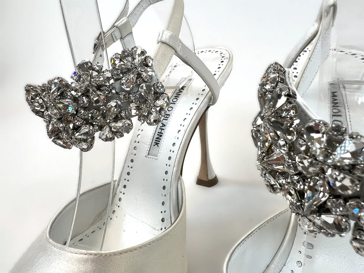 Excellent Pre-Loved White Satin Point Toe Heels with Crystal Embellished Ankle Straps.(close up)