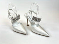 Excellent Pre-Loved White Satin Point Toe Heels with Crystal Embellished Ankle Straps. (front)