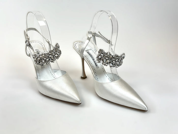 Excellent Pre-Loved White Satin Point Toe Heels with Crystal Embellished Ankle Straps. (front)