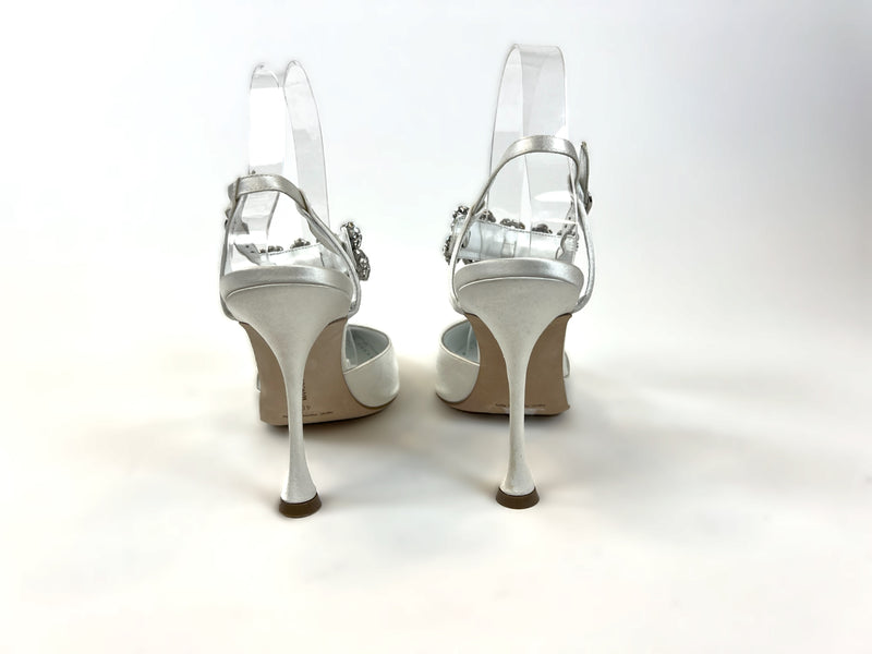 Excellent Pre-Loved White Satin Point Toe Heels with Crystal Embellished Ankle Straps. (back)