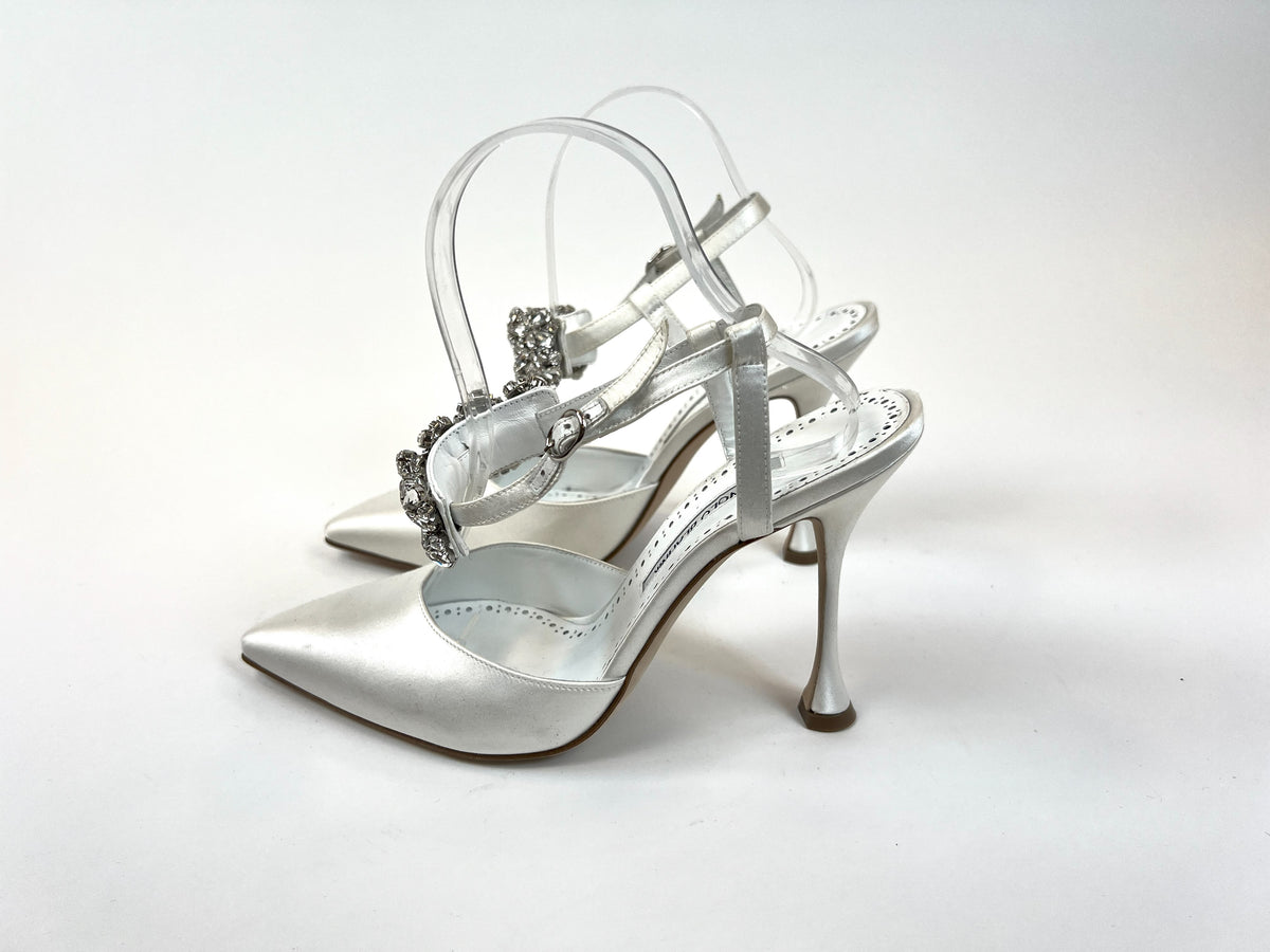 Excellent Pre-Loved White Satin Point Toe Heels with Crystal Embellished Ankle Straps.(side)
