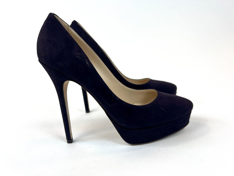 Excellent Pre-Loved Dark Brown-Purple Suede Platform Heels. (side)