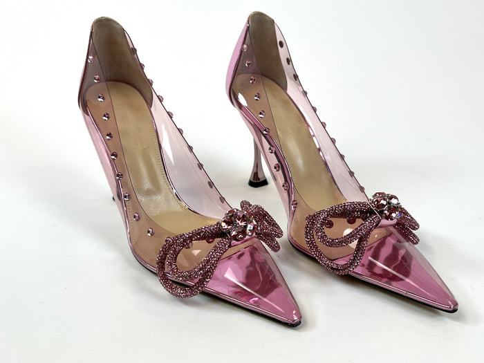 Excellent Pre-Loved Pink PVC Point Toe Heels with Crystal Embellished Double Bow and Details. (front)