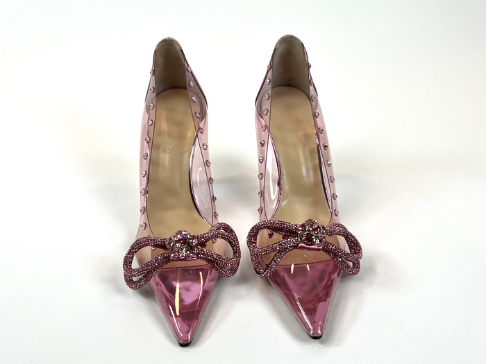 Excellent Pre-Loved Pink PVC Point Toe Heels with Crystal Embellished Double Bow and Details.(front)