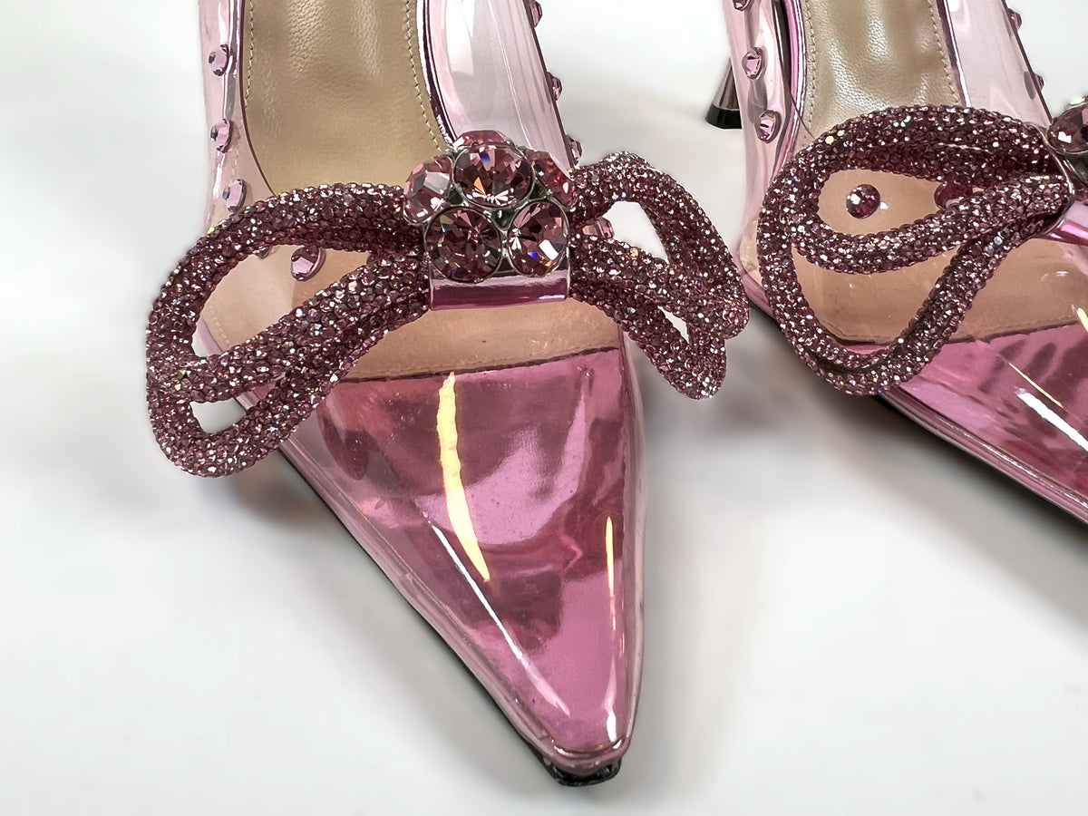 Excellent Pre-Loved Pink PVC Point Toe Heels with Crystal Embellished Double Bow and Details. (close up)