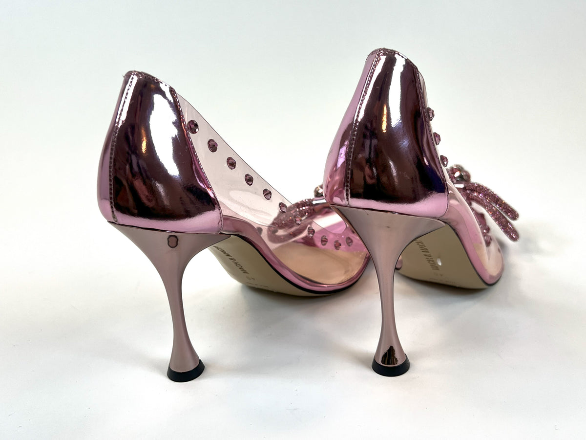 Excellent Pre-Loved Pink PVC Point Toe Heels with Crystal Embellished Double Bow and Details. (back)
